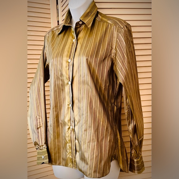 Silk striped shirt gold tones tailored lines long back vent button front yoked - Picture 2 of 5